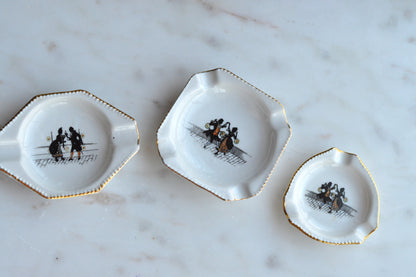 Vintage Schumann Bavaria Porcelain Miniature Ashtray Set, 3 Piece Geometric Silhouette Trio, Dancing Couple Design with Gold Trim, Mid Century German Trinket Dishes