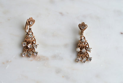 Vintage Rose Gold Tone Rhinestone Chandelier Earrings, Heart Top Filigree Drops, Clear Crystal Dangle Earrings, Romantic