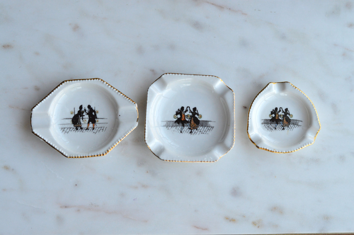 Vintage Schumann Bavaria Porcelain Miniature Ashtray Set, 3 Piece Geometric Silhouette Trio, Dancing Couple Design with Gold Trim, Mid Century German Trinket Dishes