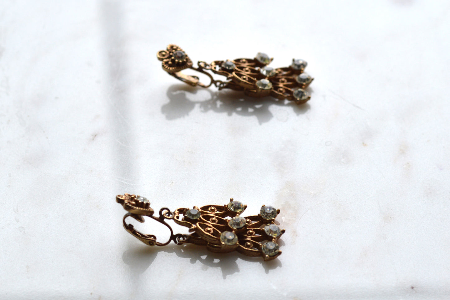 Vintage Rose Gold Tone Rhinestone Chandelier Earrings, Heart Top Filigree Drops, Clear Crystal Dangle Earrings, Romantic