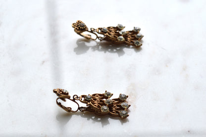 Vintage Rose Gold Tone Rhinestone Chandelier Earrings, Heart Top Filigree Drops, Clear Crystal Dangle Earrings, Romantic