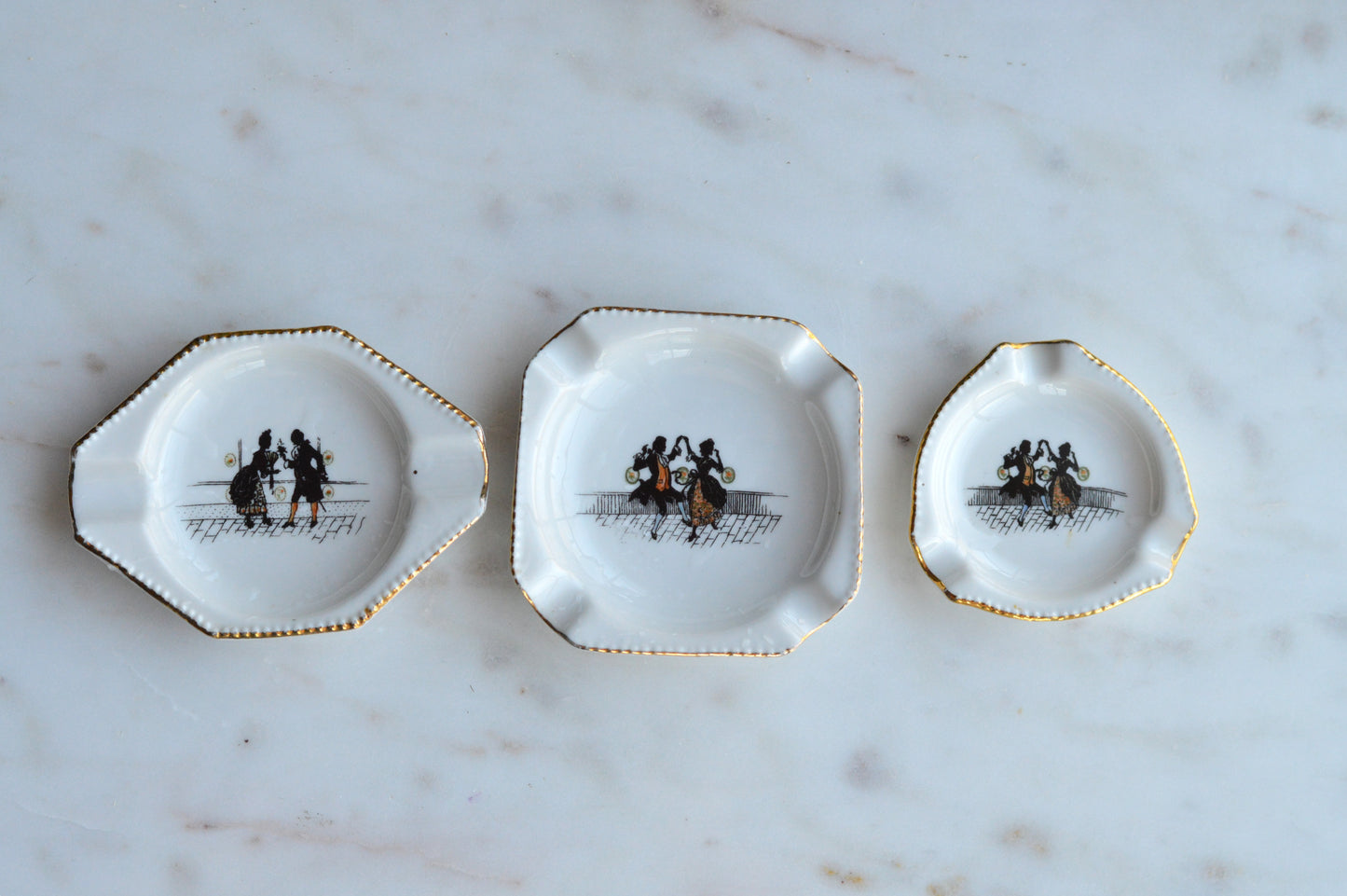Vintage Schumann Bavaria Porcelain Miniature Ashtray Set, 3 Piece Geometric Silhouette Trio, Dancing Couple Design with Gold Trim, Mid Century German Trinket Dishes