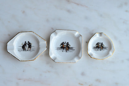Vintage Schumann Bavaria Porcelain Miniature Ashtray Set, 3 Piece Geometric Silhouette Trio, Dancing Couple Design with Gold Trim, Mid Century German Trinket Dishes