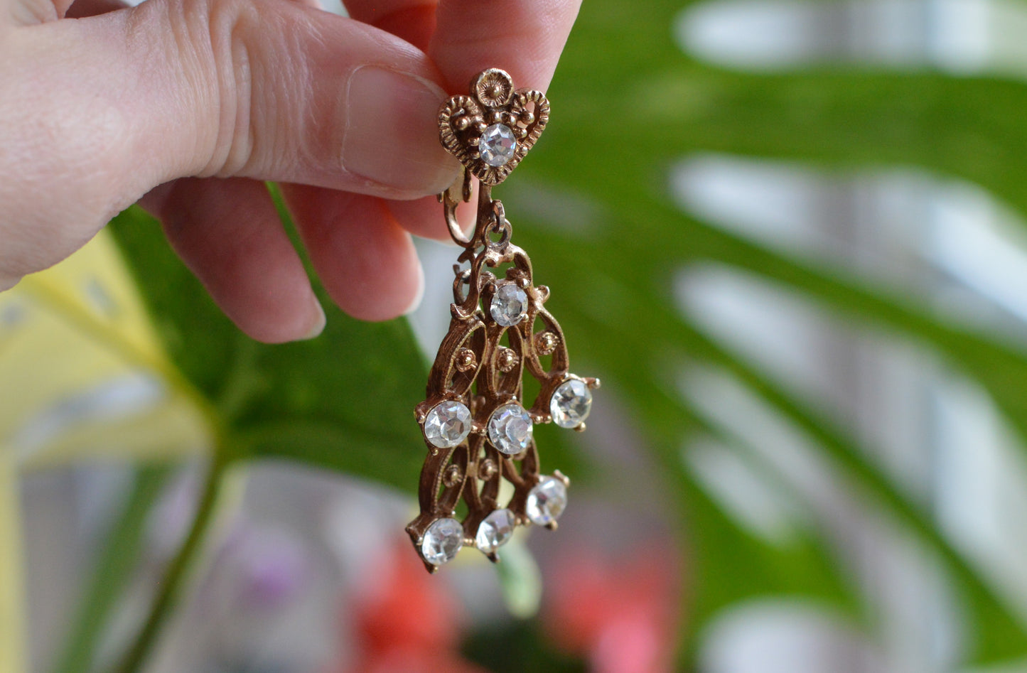 Vintage Rose Gold Tone Rhinestone Chandelier Earrings, Heart Top Filigree Drops, Clear Crystal Dangle Earrings, Romantic
