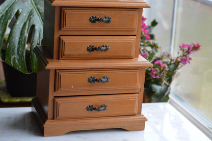 Vintage Wooden Jewelry Chest - 4-Drawer Mini Dresser - Ornate Dark Metal Hardware - 1970s Jewelry Organizer - Dunston Style