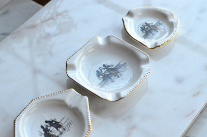 Vintage Schumann Bavaria Porcelain Miniature Ashtray Set, 3 Piece Geometric Silhouette Trio, Dancing Couple Design with Gold Trim, Mid Century German Trinket Dishes