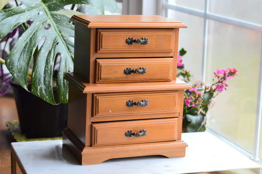 Vintage Wooden Jewelry Chest - 4-Drawer Mini Dresser - Ornate Dark Metal Hardware - 1970s Jewelry Organizer - Dunston Style