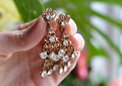 Vintage Rose Gold Tone Rhinestone Chandelier Earrings, Heart Top Filigree Drops, Clear Crystal Dangle Earrings, Romantic