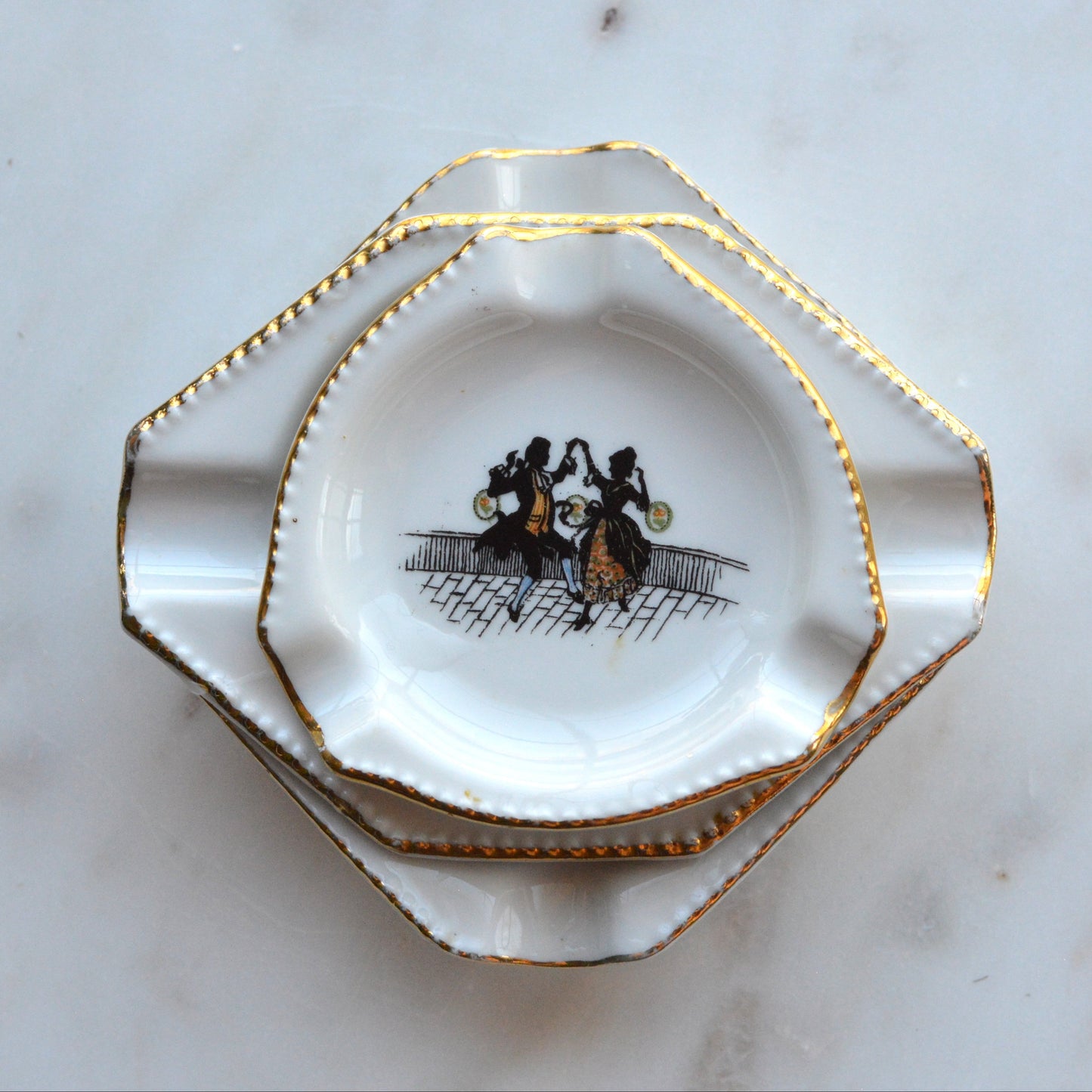 Vintage Schumann Bavaria Porcelain Miniature Ashtray Set, 3 Piece Geometric Silhouette Trio, Dancing Couple Design with Gold Trim, Mid Century German Trinket Dishes