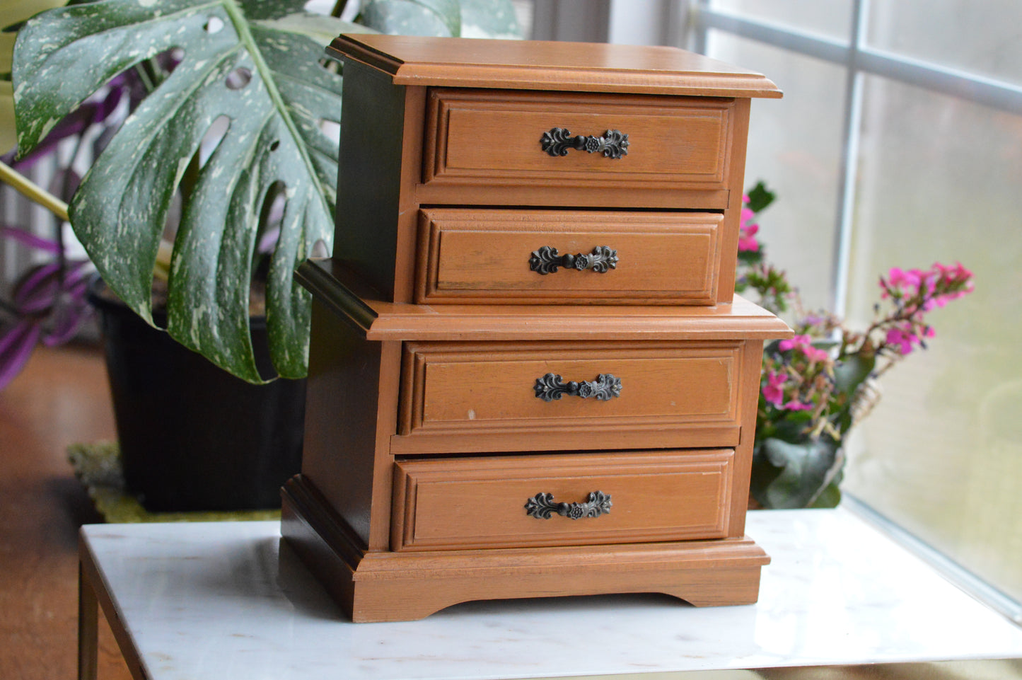 Vintage Wooden Jewelry Chest - 4-Drawer Mini Dresser - Ornate Dark Metal Hardware - 1970s Jewelry Organizer - Dunston Style