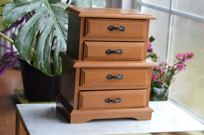 Vintage Wooden Jewelry Chest - 4-Drawer Mini Dresser - Ornate Dark Metal Hardware - 1970s Jewelry Organizer - Dunston Style