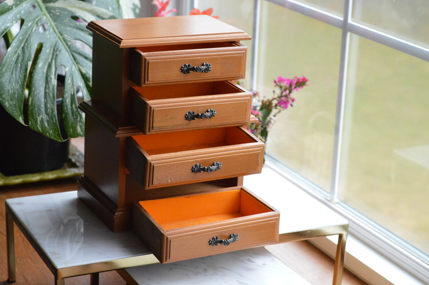 Vintage Wooden Jewelry Chest - 4-Drawer Mini Dresser - Ornate Dark Metal Hardware - 1970s Jewelry Organizer - Dunston Style