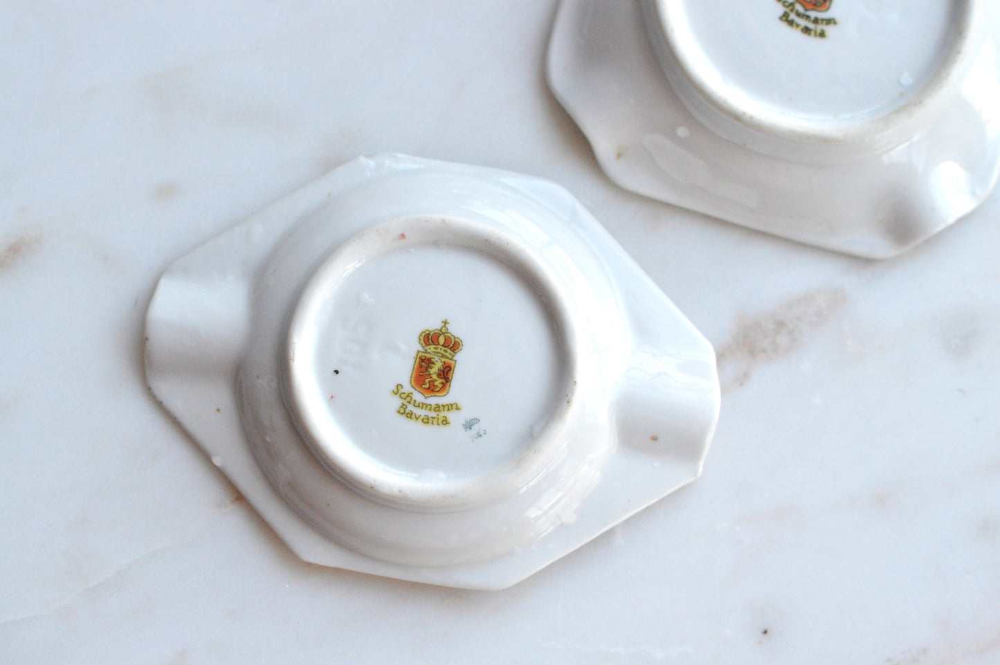 Vintage Schumann Bavaria Porcelain Miniature Ashtray Set, 3 Piece Geometric Silhouette Trio, Dancing Couple Design with Gold Trim, Mid Century German Trinket Dishes
