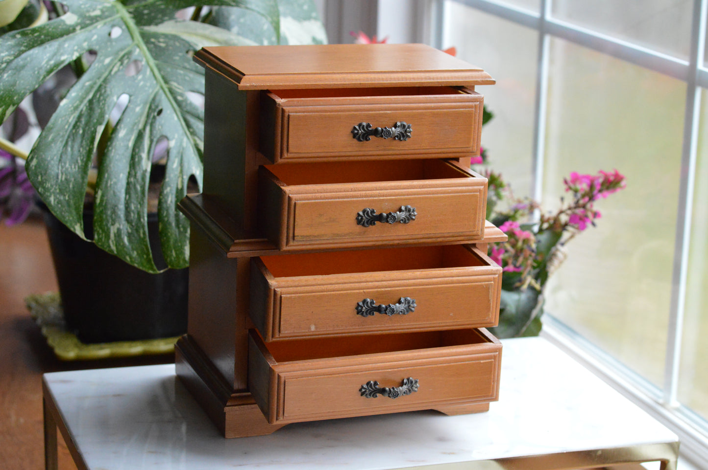 Vintage Wooden Jewelry Chest - 4-Drawer Mini Dresser - Ornate Dark Metal Hardware - 1970s Jewelry Organizer - Dunston Style