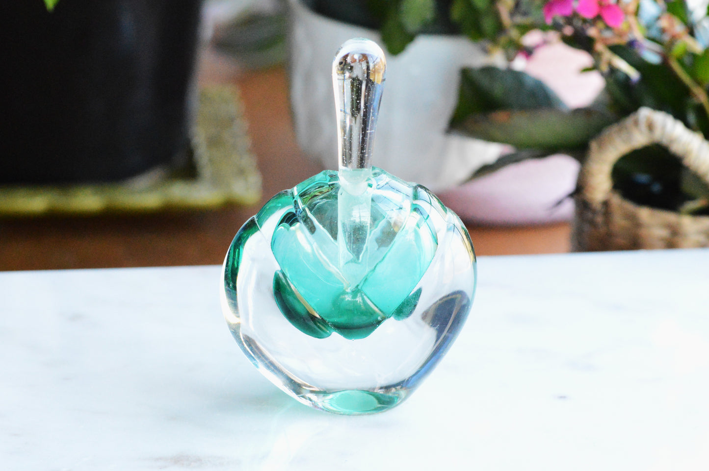 Vintage Sommerso UV Reactive Art Glass Perfume Bottle with Stopper, Emerald Green & Clear Glass, Mid Century Scent Bottle, As is
