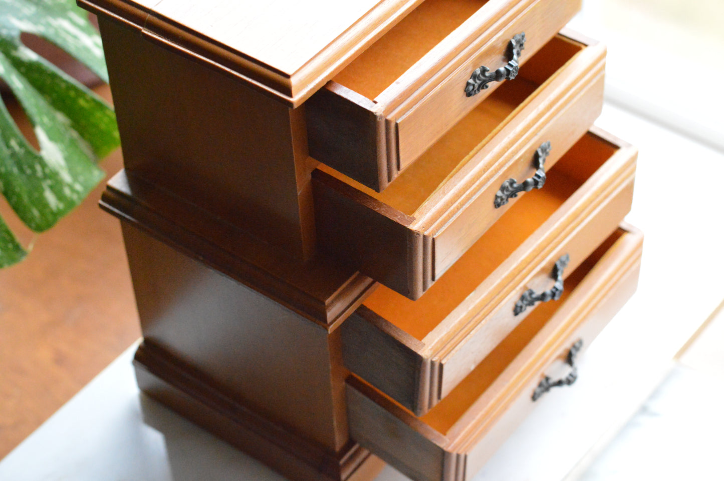 Vintage Wooden Jewelry Chest - 4-Drawer Mini Dresser - Ornate Dark Metal Hardware - 1970s Jewelry Organizer - Dunston Style