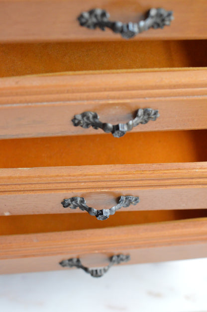 Vintage Wooden Jewelry Chest - 4-Drawer Mini Dresser - Ornate Dark Metal Hardware - 1970s Jewelry Organizer - Dunston Style
