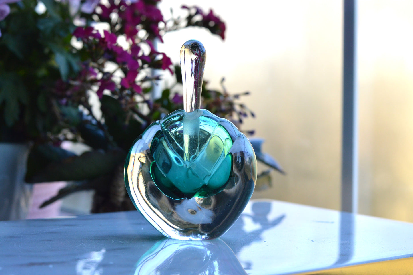Vintage Sommerso UV Reactive Art Glass Perfume Bottle with Stopper, Emerald Green & Clear Glass, Mid Century Scent Bottle, As is