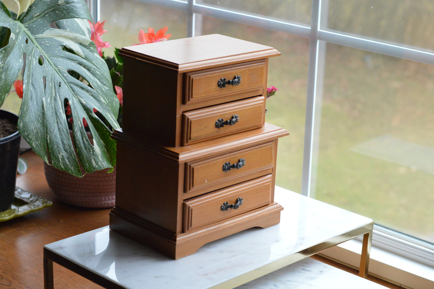 Vintage Wooden Jewelry Chest - 4-Drawer Mini Dresser - Ornate Dark Metal Hardware - 1970s Jewelry Organizer - Dunston Style