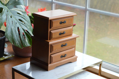 Vintage Wooden Jewelry Chest - 4-Drawer Mini Dresser - Ornate Dark Metal Hardware - 1970s Jewelry Organizer - Dunston Style