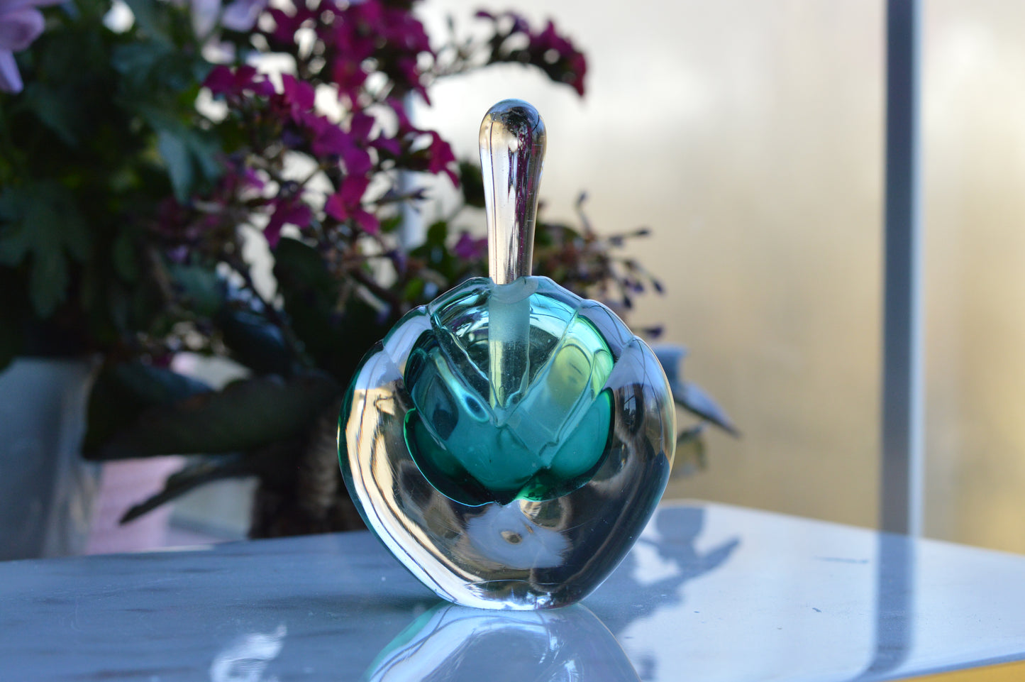 Vintage Sommerso UV Reactive Art Glass Perfume Bottle with Stopper, Emerald Green & Clear Glass, Mid Century Scent Bottle, As is