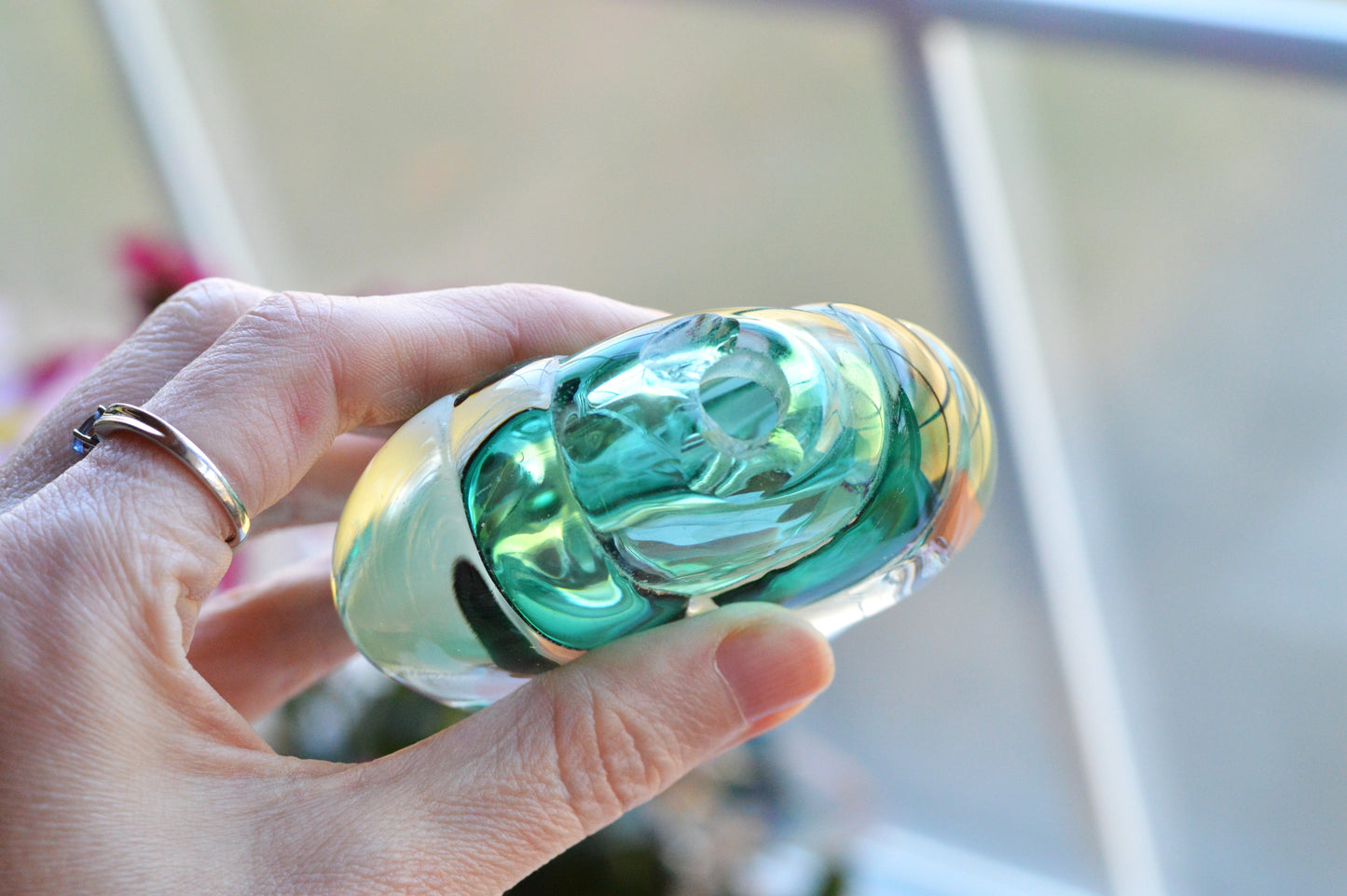 Vintage Sommerso UV Reactive Art Glass Perfume Bottle with Stopper, Emerald Green & Clear Glass, Mid Century Scent Bottle, As is