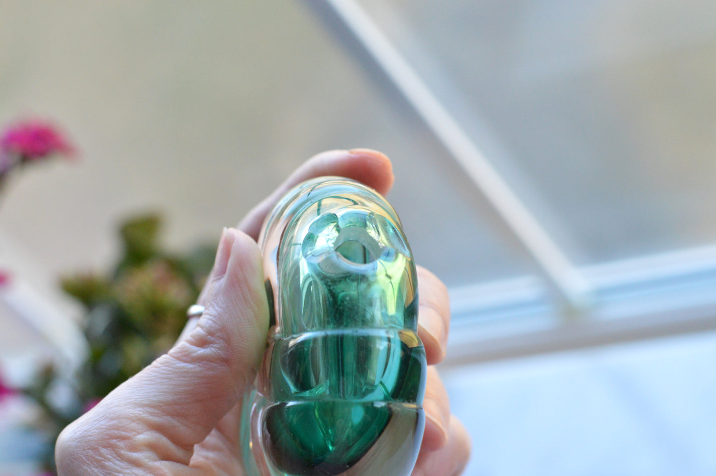 Vintage Sommerso UV Reactive Art Glass Perfume Bottle with Stopper, Emerald Green & Clear Glass, Mid Century Scent Bottle, As is