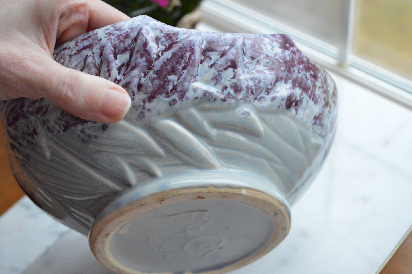 Vintage McCoy USA Centerpiece Cabbage Leaf Pottery Bowl with Stem Shape Handle