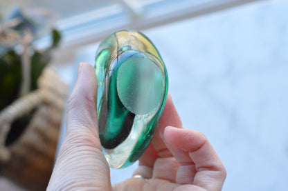 Vintage Sommerso UV Reactive Art Glass Perfume Bottle with Stopper, Emerald Green & Clear Glass, Mid Century Scent Bottle, As is