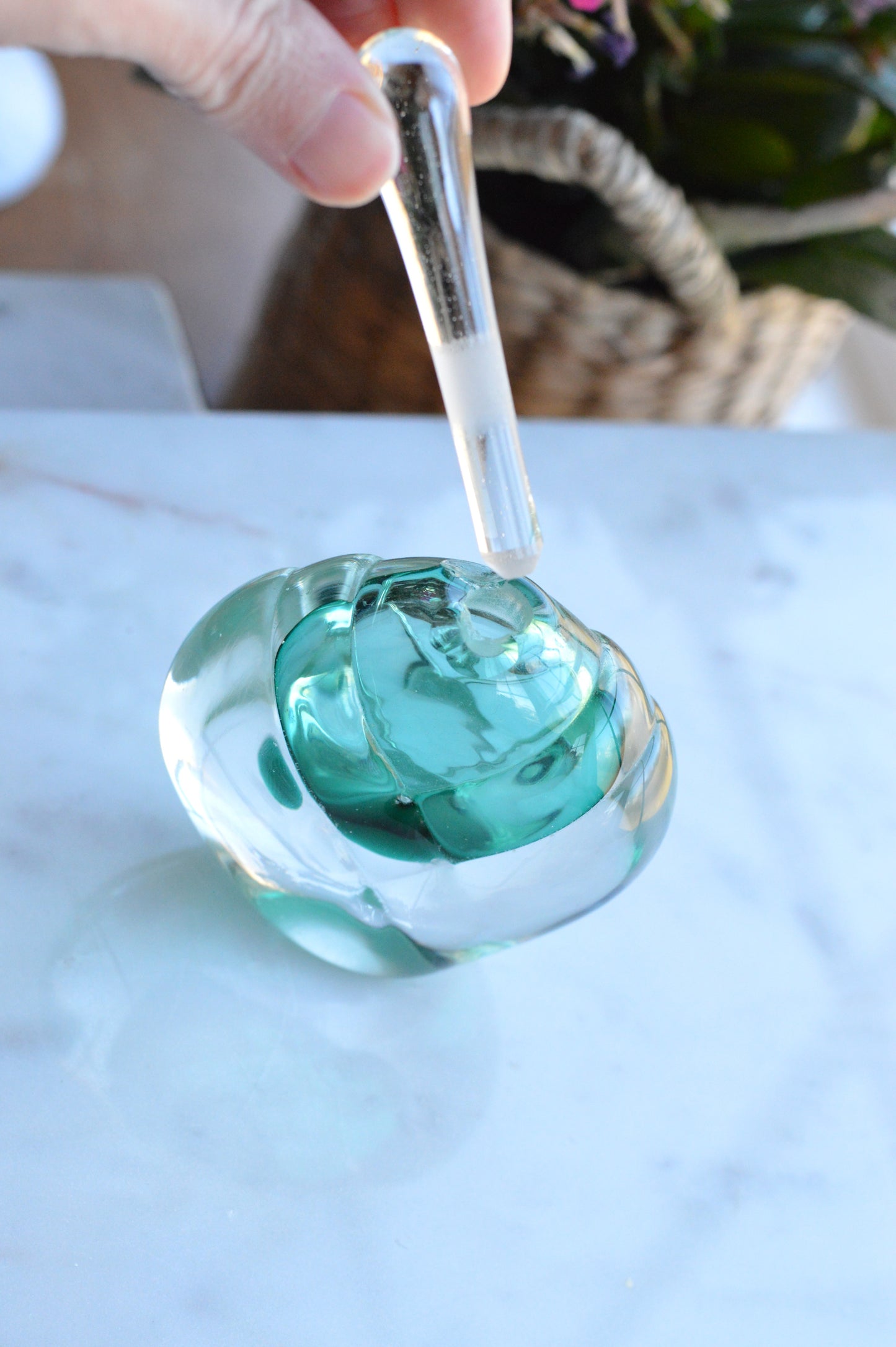 Vintage Sommerso UV Reactive Art Glass Perfume Bottle with Stopper, Emerald Green & Clear Glass, Mid Century Scent Bottle, As is