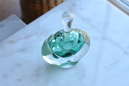 Vintage Sommerso UV Reactive Art Glass Perfume Bottle with Stopper, Emerald Green & Clear Glass, Mid Century Scent Bottle, As is