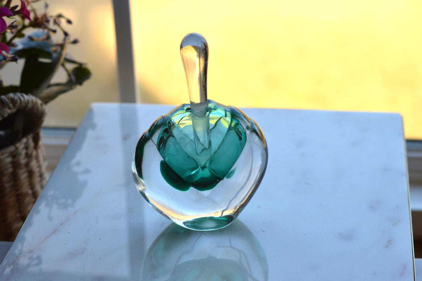 Vintage Sommerso UV Reactive Art Glass Perfume Bottle with Stopper, Emerald Green & Clear Glass, Mid Century Scent Bottle, As is
