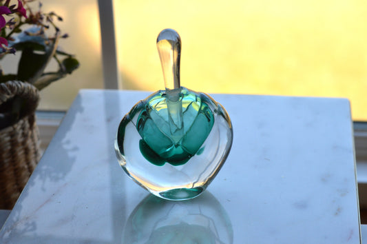 Vintage Sommerso UV Reactive Art Glass Perfume Bottle with Stopper, Emerald Green & Clear Glass, Mid Century Scent Bottle, As is