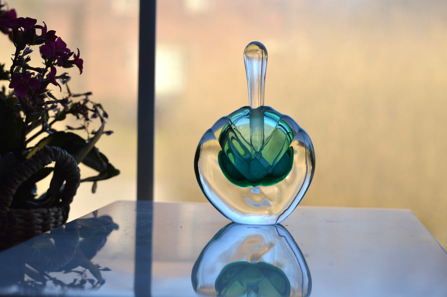 Vintage Sommerso UV Reactive Art Glass Perfume Bottle with Stopper, Emerald Green & Clear Glass, Mid Century Scent Bottle, As is
