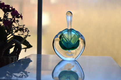 Vintage Sommerso UV Reactive Art Glass Perfume Bottle with Stopper, Emerald Green & Clear Glass, Mid Century Scent Bottle, As is
