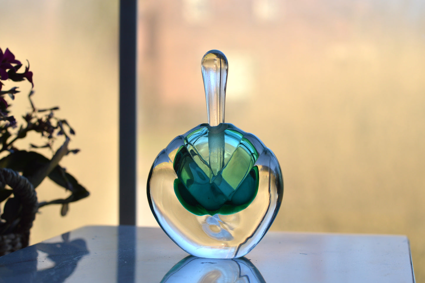 Vintage Sommerso UV Reactive Art Glass Perfume Bottle with Stopper, Emerald Green & Clear Glass, Mid Century Scent Bottle, As is