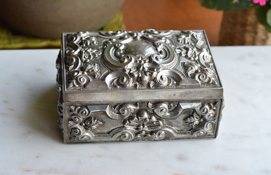 Vintage Ornate Silver-Plated Jewelry Box – Victorian Style Floral & Scroll Relief, Velvet Lined Trinket Casket