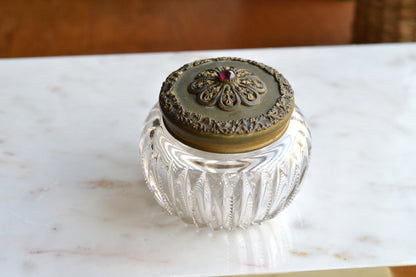 Antique UV Reactive "Glow Glass" Powder Jar - Art Nouveau Jeweled Brass Lid - Victorian Cut Glass Dresser Box - Manganese/Uranium Reactive