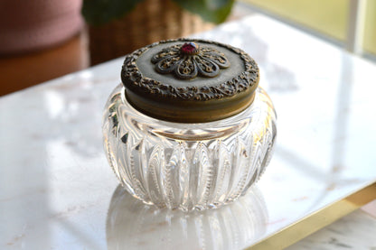 Antique UV Reactive "Glow Glass" Powder Jar - Art Nouveau Jeweled Brass Lid - Victorian Cut Glass Dresser Box - Manganese/Uranium Reactive