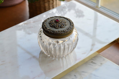 Antique UV Reactive "Glow Glass" Powder Jar - Art Nouveau Jeweled Brass Lid - Victorian Cut Glass Dresser Box - Manganese/Uranium Reactive