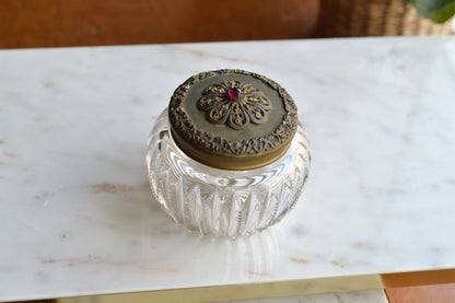 Antique UV Reactive "Glow Glass" Powder Jar - Art Nouveau Jeweled Brass Lid - Victorian Cut Glass Dresser Box - Manganese/Uranium Reactive