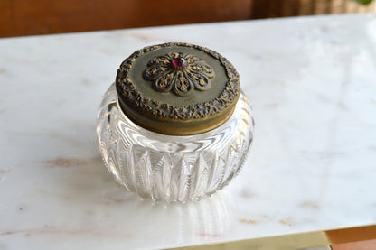 Antique UV Reactive "Glow Glass" Powder Jar - Art Nouveau Jeweled Brass Lid - Victorian Cut Glass Dresser Box - Manganese/Uranium Reactive