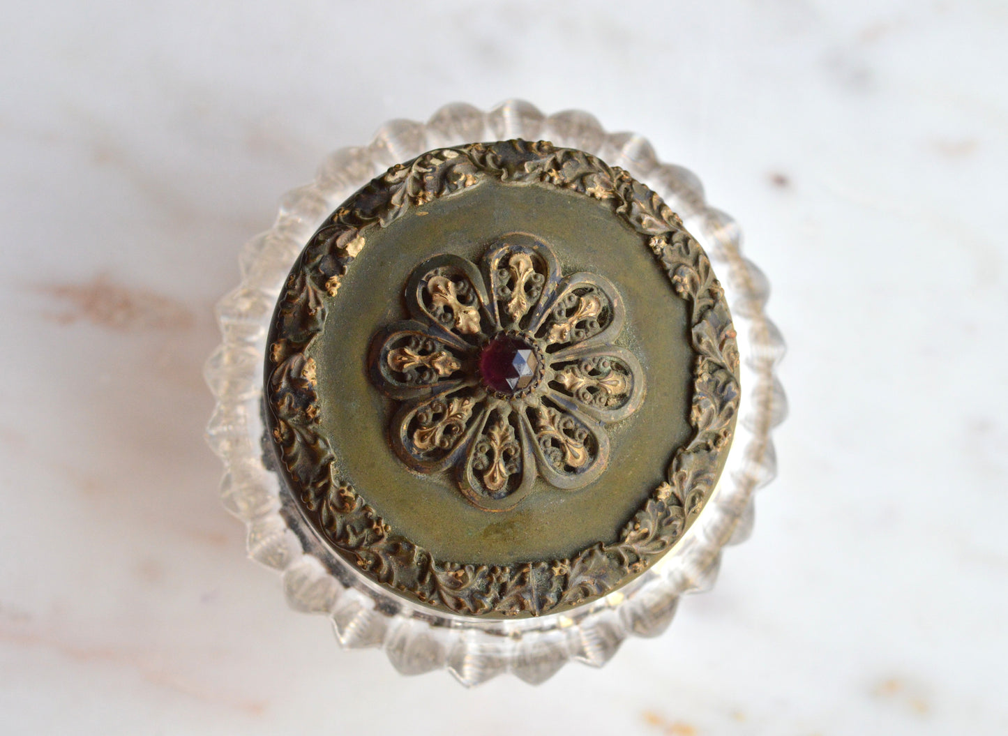 Antique UV Reactive "Glow Glass" Powder Jar - Art Nouveau Jeweled Brass Lid - Victorian Cut Glass Dresser Box - Manganese/Uranium Reactive