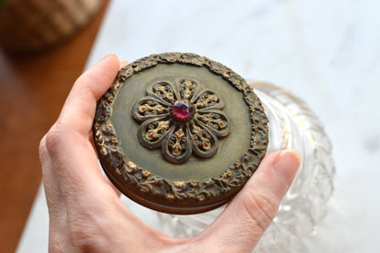 Antique UV Reactive "Glow Glass" Powder Jar - Art Nouveau Jeweled Brass Lid - Victorian Cut Glass Dresser Box - Manganese/Uranium Reactive
