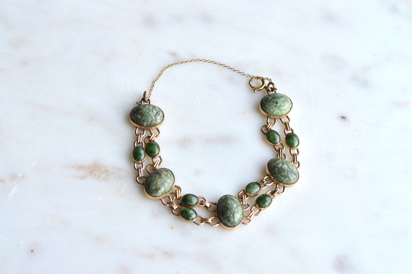 Vintage W.E. Richards (WRE) 12K Gold Filled Carved Green Jade Scarab Bracelet, Egyptian Revival Link Bracelet, Mid Century Jewelry