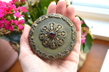 Antique UV Reactive "Glow Glass" Powder Jar - Art Nouveau Jeweled Brass Lid - Victorian Cut Glass Dresser Box - Manganese/Uranium Reactive