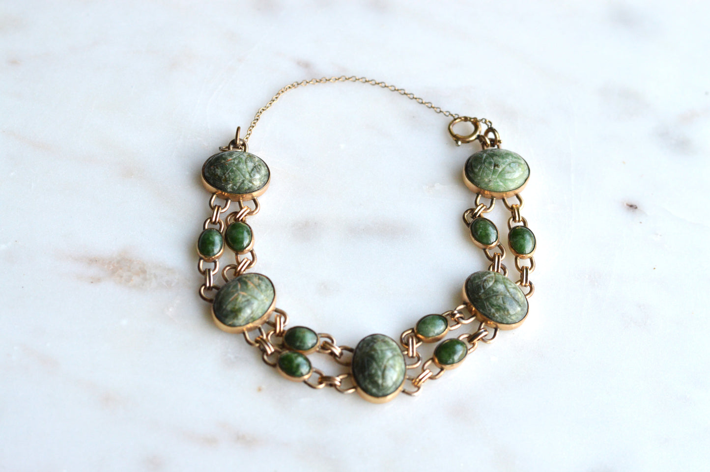 Vintage W.E. Richards (WRE) 12K Gold Filled Carved Green Jade Scarab Bracelet, Egyptian Revival Link Bracelet, Mid Century Jewelry