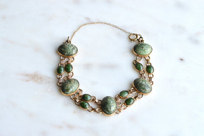 Vintage W.E. Richards (WRE) 12K Gold Filled Carved Green Jade Scarab Bracelet, Egyptian Revival Link Bracelet, Mid Century Jewelry