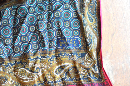 Vintage Echo Club 7 Silk Scarf, Navy & Gold Paisley Medallion Foulard, Mid Century Style 80s Designer Neck Scarf, Made in Japan