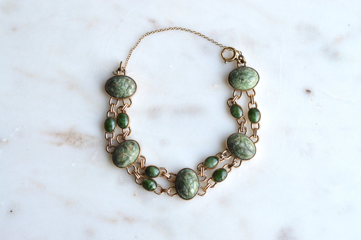 Vintage W.E. Richards (WRE) 12K Gold Filled Carved Green Jade Scarab Bracelet, Egyptian Revival Link Bracelet, Mid Century Jewelry